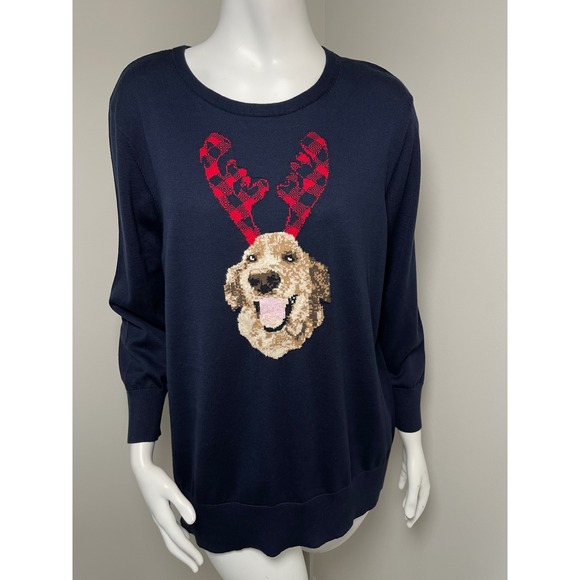 Lands' End Sweaters - Lands End Navy Supima Cotton Golden Retriever Reindeer Antler Sweater XL Tall 18